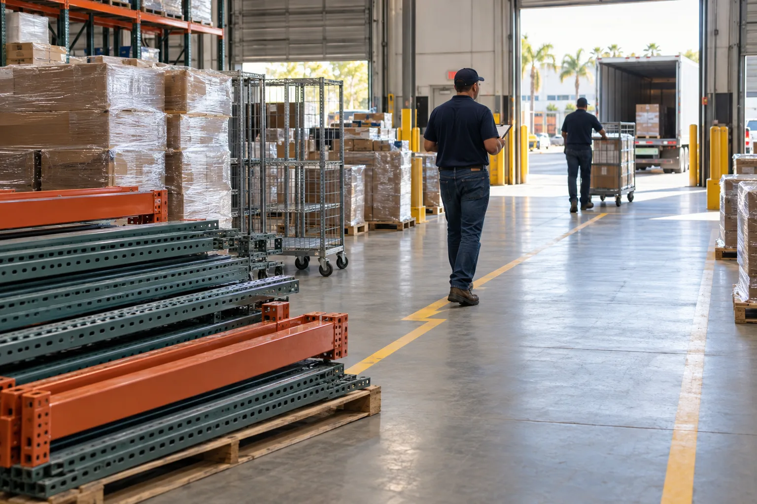 Warehouse staging zone with racking parts and a marked travel lane